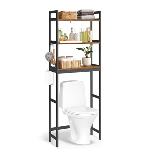 SONGMICS Over-The-Toilet Storage, 3-Tier Bathroom Organizer Over Toilet with Adjustable Shelves, Hooks, Bamboo, Freestanding Space Saver Bathroom Shelves, Rustic Brown and Ink Black UBTS012B01 - color: Rustic Brown + Ink Black, size: 3 Tiers (66.9"H)