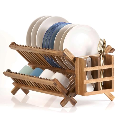 NOVAYEAH Acacia Wooden Dish Drying Rack for Kitchen Counter 2-Tier Collapsible Bmaboo Dish Drying Rack with Utensil Holder-Large Folding Dish Drainer Rack with Flatware Holder 34 pcs Grid - color: 2-tier (Acacia Wood)