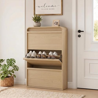Garvee Shoe Cabinet with 3 Flip Drawers, Modern Narrow Shoe Storage Cabinet Organizer with Adjustable Shelf, 46" Tall Hidden Freestanding Shoe Rack Cabinet for Entryway, Hallway, Natural Oak - color: Natural Oak
