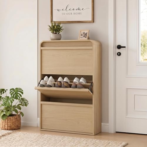 Garvee Shoe Cabinet with 3 Flip Drawers, Modern Narrow Shoe Storage Cabinet Organizer with Adjustable Shelf, 46" Tall Hidden Freestanding Shoe Rack Cabinet for Entryway, Hallway, Natural Oak - color: Natural Oak