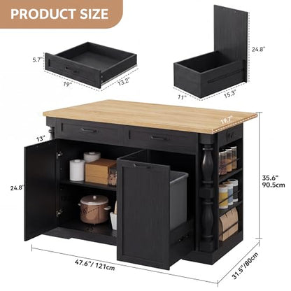 Island for Kitchen, 47.6"x20" Farmhouse Rolling Kitchen Island with Drop Leaf & Spice Rack, Coffee Cart Breakfast Bar Table Storage & Trash Bin Islands Table with Power Outlet for Dining Room - color: Black
