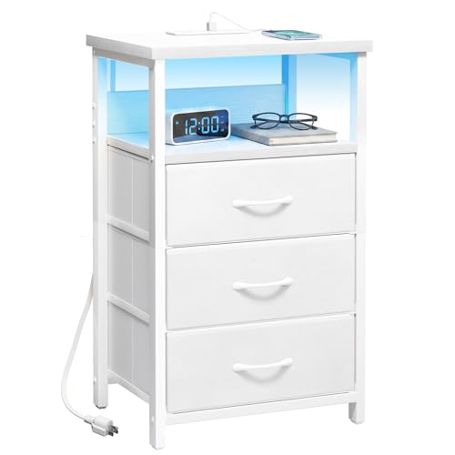 Fixwal White Nightstand with Charging Station, LED Night Stand with 3 Fabric Drawers and Open Shelf, Bedside End Table in Bedroom - color: White, size: 27.6"H (3 drawers), style: Power+Light (1pc)