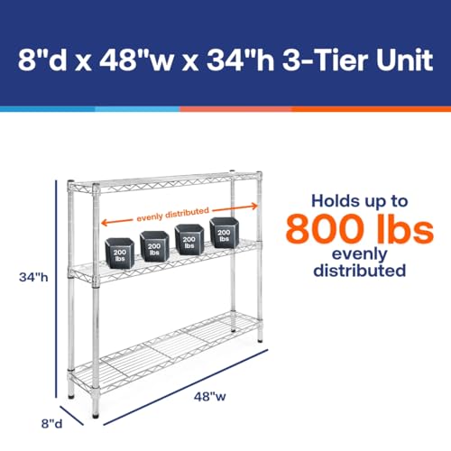 Shelving Inc. 8" d x 48" w Chrome Wire Shelving with 3 Tier Shelves, Weight Capacity 800lbs Per Shelf - size: 8" d x 48" w x 34" h