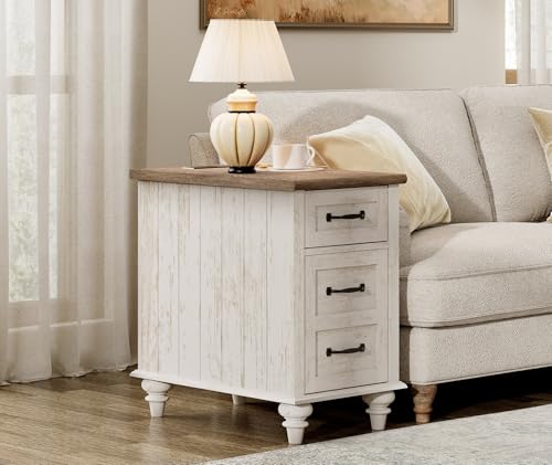 WAMPAT Antique White End Table with Charging Station, Wooden Side Table with Drawer & Storage Cabinet, Farmhouse Nightstand with Power Outlets & USB Ports for Living Room, Bedroom - color: Antique White