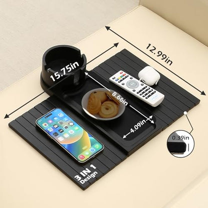 Couch Cup Holder Tray, 15.75" Bamboo Cup Holder for Couch, 3 in 1 Foldable Arm Chair Clip on Side Tray Table for Remote Snack Table on Armrest - color: Black