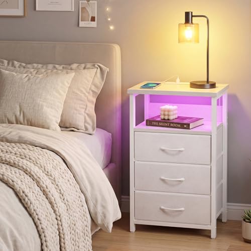 Fixwal White Nightstand with Charging Station, LED Night Stand with 3 Fabric Drawers and Open Shelf, Bedside End Table in Bedroom - color: White, size: 27.6"H (3 drawers), style: Power+Light (1pc)