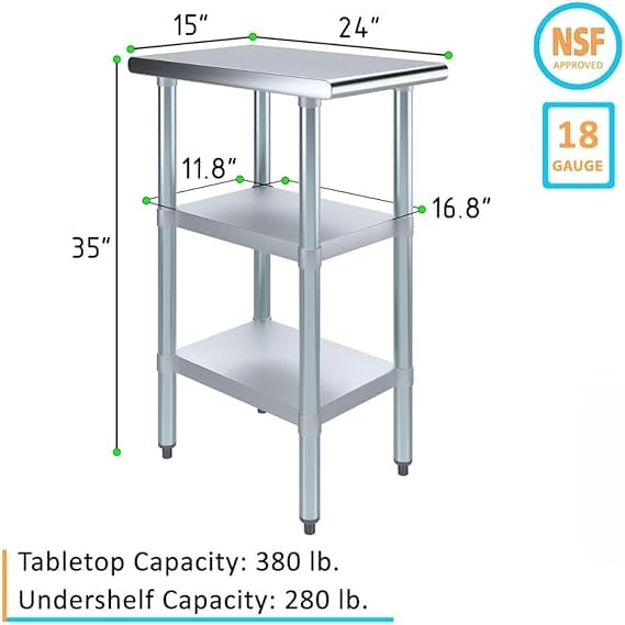 Stainless Steel Work Table with Double Undershelf – Compact Commercial Prep Table for Kitchen, Restaurant, Bakery – NSF Certified (24 x 15) - size: 24x15