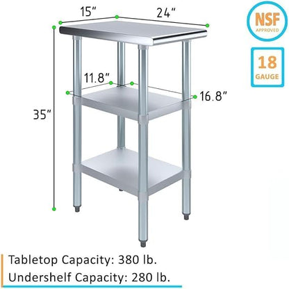Stainless Steel Work Table with Double Undershelf – Compact Commercial Prep Table for Kitchen, Restaurant, Bakery – NSF Certified (24 x 15) - size: 24x15