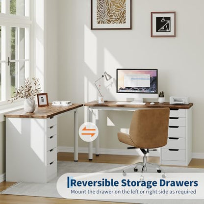 Garvee Computer Desk with 5 Drawers, 47 Inch Modern Simple Study Writing Desk with Storage, Rustic Home Office Desk, Reversible Computer Desk for Small Spaces, Apartments, Dorms, Brown+White - color: Brown + White
