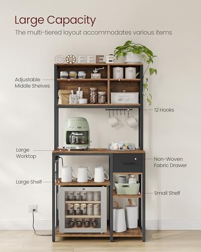 VASAGLE Bakers Rack with Charging Station, Coffee Bar, 15.7 x 31.5 x 71 Inches, Kitchen Microwave Stand, Adjustable Storage Shelves, Fabric Drawer, 12 Hooks, Rustic Brown and Ink Black UKKS015K01 - color: Rustic Brown + Ink Black, size: 15.7"D x 31.5"W