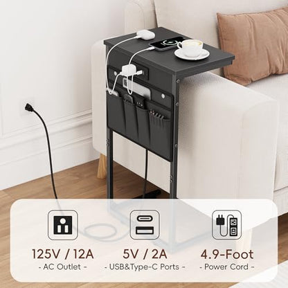 C Shaped End Table with Charging Station, 28" Tall Couch Side Table, Sofa Table Beside Table, Slide Under Sofa Arm C Table for Small Spaces, TV Tray Table for Living Room, Bedroom, Black - color: Black