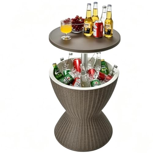 Tangkula Outdoor Cool Bar Table, Rattan Style Patio 8 Gallon Beer and Wine Cooler, All-Weather Ice Bucket w/Height Adjustable Top, Drainage Plug, 3-in-1 Cocktail Coffee Table for Party, Pool (Coffee) - color: Coffee