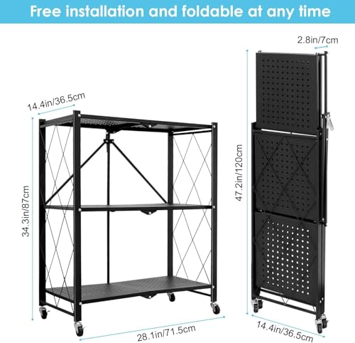 Foldable Storage Shelves with Wheels, Folding Shelving Units Storage, Heavy Duty Metal Collapsible Shelf No Assembly, Large Capacity Pop-Up Organizer for Garage,Kitchen,Living Room, 3-Tier Black