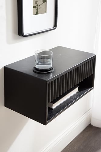 Kate and Laurel Reid Ribbed Wooden Tiered Floating Side Table, 18 x 10 x 9, Black, Modern Rectangular Mango Wood Floating Nightstand with Drawer for Bedroom Storage or Living Room End Table - color: Black