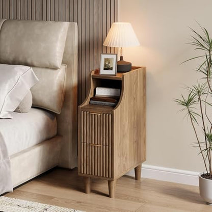 7.9" Narrow Fluted Nightstand Set of 2,Slim Side End Table with 2 Drawers,Black Modern Bedside Table,Skinny Night Stand for Small/Compact Space, Motorhome (Walnut) - color: Walnut
