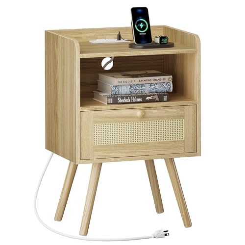 SUPERJARE Nightstand with Charging Station & Rattan-Like Decor Drawer, Rattan End Table with Solid Wood Feet, Bed Side Table with Open Storage, for Bedroom, Living Room, Dormitory - Natural - color: Natural, size: 11.8"D x 15.9"W x 23.4"H (1 Drawers)