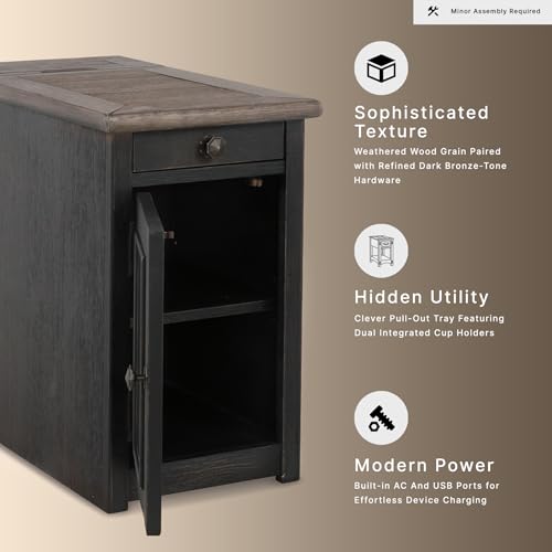 Signature Design by Ashley Tyler Creek Rustic Chair Side End Table with Pull-Out Tray & USB Ports, Brown - color: Blackish Brown