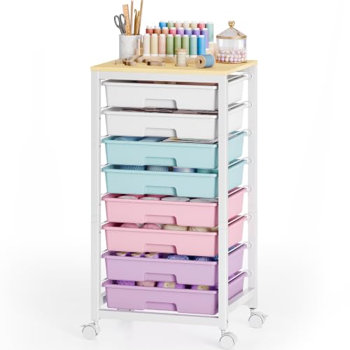 SYKIARIOL Rolling Storage Cart with Drawers,Utility Cart With 8 Drawers and Wooden Tabletop,Rolling Drawer Cart,Storage Drawer Cart for Living Room,Classroom,Bedroom,Bathroom,Dorm,Office, Ice Cream - color: Ice Cream