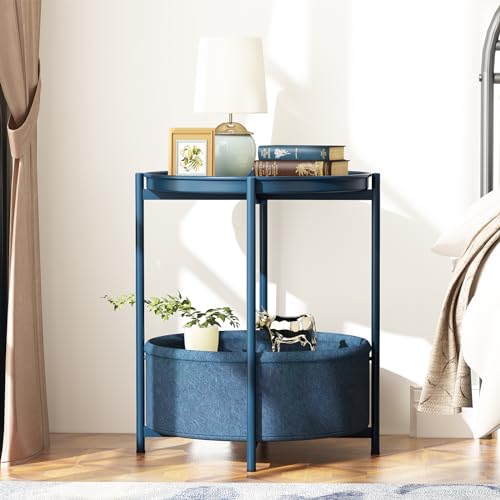 Garden 4 you Side Table with Fabric Storage Basket, Round Metal End Table, Small Bedside Table Nightstand with Removable Tray, for Nursery, Living Room, Bedroom, Bathroom, Blue - color: Blue