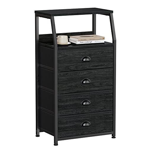 Furnulem Tall 4 Drawers Dresser, Vertical Storage Tower Black Dresser for Bedroom, Hallway, Entryway, Nursery, Closet Organizer, Nightstand Bedside Table Furniture, Sturdy Steel Frame, Wood Top - color: Black Oak, style: 4 Drawers