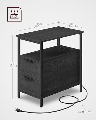 VASAGLE Side End Table with Charging Station, Slim Nightstand with 2 Drawers, Narrow Bedside Table for Living Room, Small Spaces, Charcoal Gray and Ink Black ULET321B22V1S - color: Charcoal Gray + Ink Black, size: 23.6"D x 11.8"W