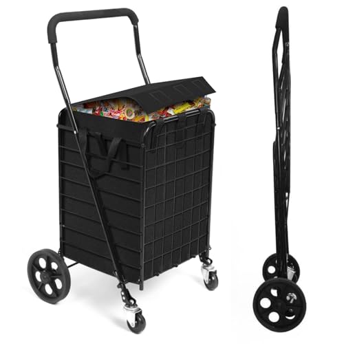 Kiffler Foldable Shopping Cart with Waterproof Basket Liner & 360° Swivel Wheels | Collapsible, Lightweigt| Perfect for Groceries, Laundry, Max 100 LBS Utility Cart for Seniors, Apartments - size: Medium+Bag