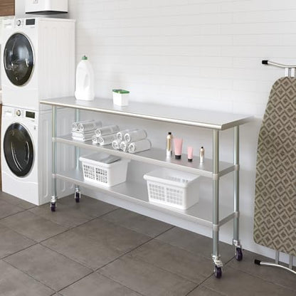 AmGood Stainless Steel Work Table with 2 Shelves and Casters | Metal Utility Table On Wheels (Stainless Steel Work Table with 2 Shelves + Casters, 72" Long x 18" Deep) - size: 72" Long x 18" Deep
