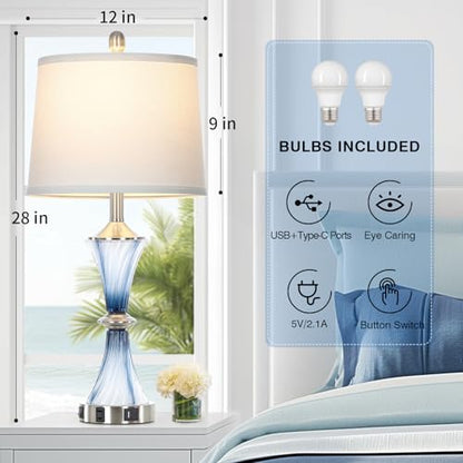 Rinweey Blue Glass Table Lamp Set of 2 with USB C+A Ports & AC Outlet, Bedside Lamp, Modern Bedroom Lamps, Coastal Lamp for Night Stands Bedroom Living Room,Nightstand Lamp LED Bulbs Included - color: Blue