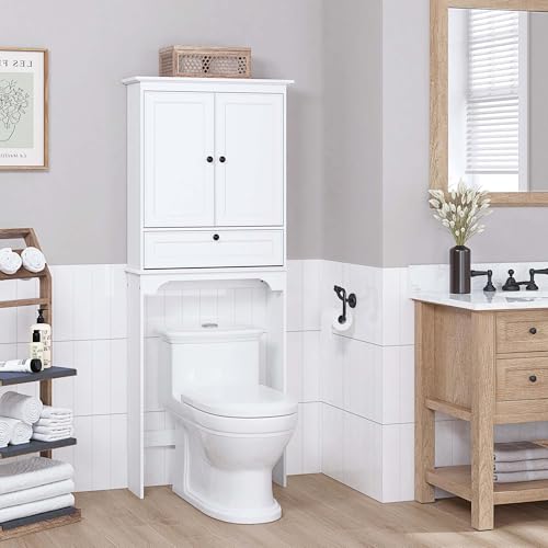 Spirich Bathroom Over the Toilet Storage Cabinet with Tilt-Out Cube, White | Space-saving Organizer for Small Bathrooms, Doors Conceal Clutter, Adjustable Shelf, Anti-Tip Device, Engineered Wood