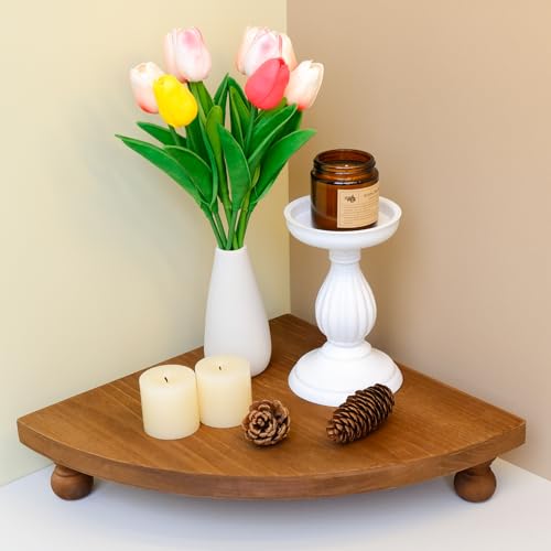 Corner Counter Wood Shelf, Rustic Pedestal Stand, Farmhouse Corner Shelves Stand, Tray Riser for Coffee Bar, Bathroom Countertop Organizer Corner, Centerpiece Display Riser for Kitchen (Wooden) - color: Wooden