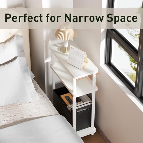 THUMEYE Narrow Side Table with Fabric Basket, 7" Wide, 3 Tier Skinny End Table with Wood Legs, Slim Nightstand/Bedside Table for Small Spaces, with Adjustable Feet, 15.7" L x 23" H, White - color: White