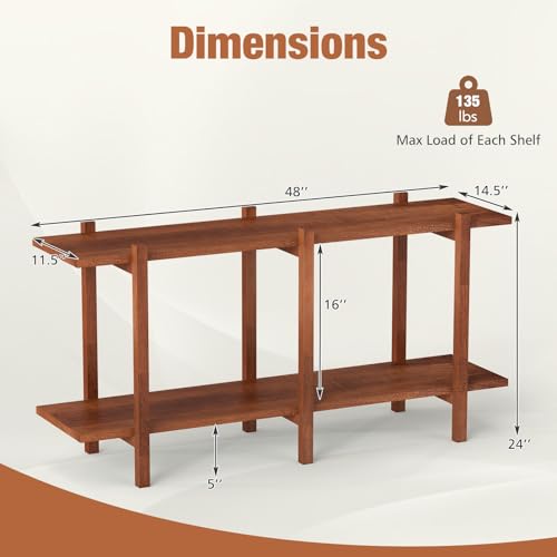 GOFLAME 2-Tier Wood Bookshelf, Mid-Century Modern Console Table with Storage Shelf, Solid Rubber Wood Legs, Horizontal Display Shelving Rack, Wooden Sofa Table for Living Room, Entryway, Walnut