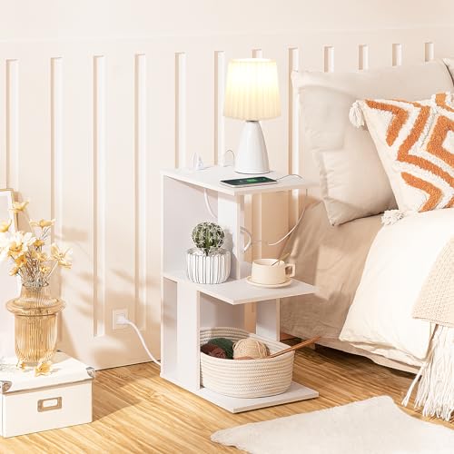 MAHANCRIS End Table with Charging Station, C-Shaped White Side Table, Thin Nightstand with Storage, Bedside Table for Small Spaces, End Tables Living Room, Bedroom, Easy Assembly, ETWT18E01Z - color: White