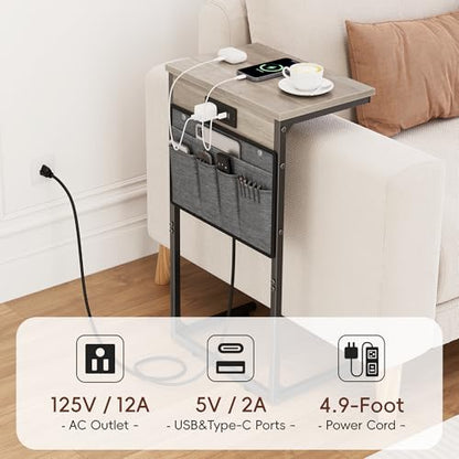 C Shaped End Table with Charging Station, 28" Tall Couch Side Table, Sofa Table Beside Table, Slide Under Sofa Arm C Table for Small Spaces, TV Tray Table for Living Room, Bedroom, Gray - color: Grey