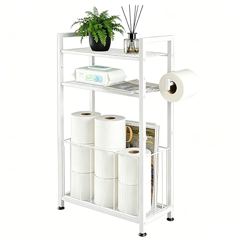Freestanding Toilet Paper Holder with Shelf, Holds 6–9 Rolls, Space-Saving Bathroom Organizer for Small Spaces, Toilet Roll Holder Stand Keeps Rolls Clean & Dry, White - color: White