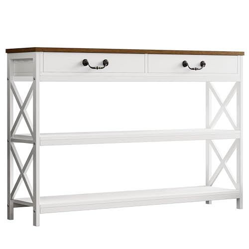 IRONCK 47.2" Farmhouse Console Table, Sofa Table with Drawer, Narrow Long Entry Table with 2 Shelf for Entryway, Living Room, Hallway, White/Walnut - size: 47.2inch