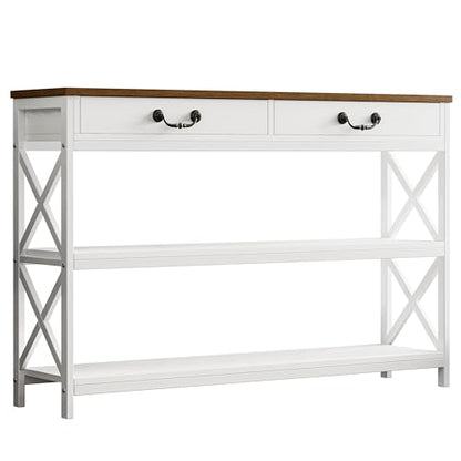 IRONCK 47.2" Farmhouse Console Table, Sofa Table with Drawer, Narrow Long Entry Table with 2 Shelf for Entryway, Living Room, Hallway, White/Walnut - size: 47.2inch
