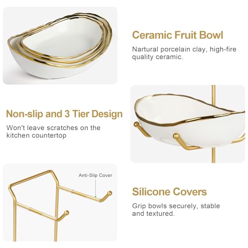 3-Tier Ceramic Fruit Bowl, Modern Fruit Basket for Kitchen Countertop, Tiered Fruit Display Stand with Gold Metal Stand, Non-Slip & Chip-Resistant, Dishwasher Safe (Gold&White) - color: Gold&White