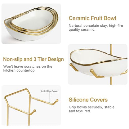 3-Tier Ceramic Fruit Bowl, Modern Fruit Basket for Kitchen Countertop, Tiered Fruit Display Stand with Gold Metal Stand, Non-Slip & Chip-Resistant, Dishwasher Safe (Gold&White) - color: Gold&White