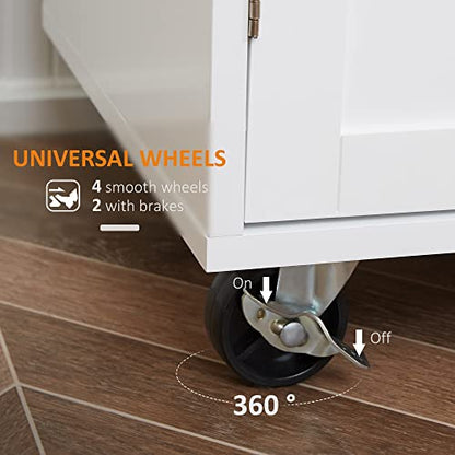 HOMCOM Kitchen Island Cart, Rolling Island Table with Solid Wood Top, Trolley Cart with Drawer, Storage Cabinet & Towel Rack, White - color: White