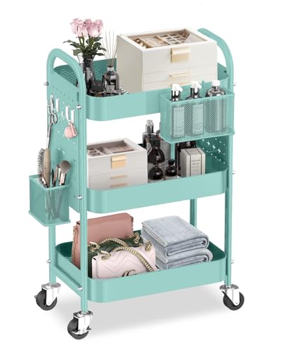 ALVOROG 3 Tier Rolling Cart with DIY Pegboards Metal Utility Cart with Wheels Handles Baskets Hooks, Craft Cart for Office Kitchen Bathroom(Tiffany Blue) - color: Tiffany Blue