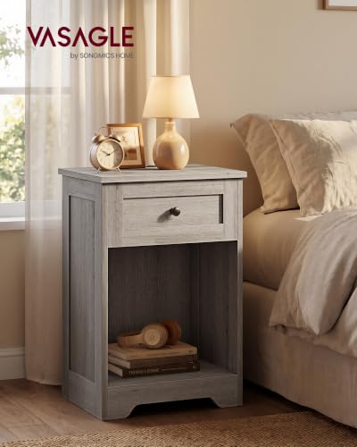 VASAGLE Traditional Basic Nightstand with Charging Station, Wood End Table with 1 Drawer and Open Shelf, 15.7 x 11.8 x 23.2 in, Washed Gray, for Bedroom, Siren Collection ULET828FD01S - color: Washed Gray, size: 2 pack