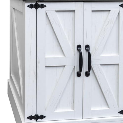 Farmhouse End Table with Charging Station, Rustic Wood Nightstand with Adjustable Shelf, 19.6"W Versatile Walnut Sofa Side Table with Barn Doors and Retro Hinges for Bedroom, Living Room (White-kk025) - color: White-kk025