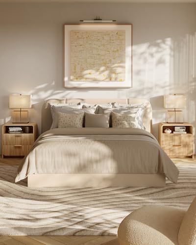 24" Fluted Nightstand Set of 2 with Charging Station, Bedside Table with Metal Handle, NightStand with 2 Drawer and Shelf, End Table for Bedroom, Curved Profile, Natural Oak - color: Natural Oak-2 Drawers, size: 2 Drawers