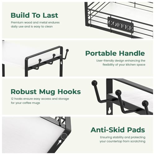 EsLuker.ly Coffee Mug Cup Holder Tree Bar Station Organizer, 2 Tier Mug Stand Rack for Countertop Kitchen, Storage Tower Display Shelf with 12 Hooks, Coffee Nook Enhancer, White-Black - color: White + Black