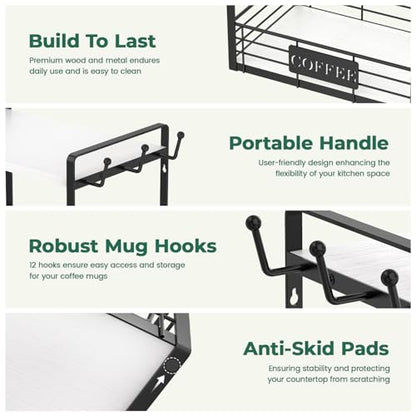 EsLuker.ly Coffee Mug Cup Holder Tree Bar Station Organizer, 2 Tier Mug Stand Rack for Countertop Kitchen, Storage Tower Display Shelf with 12 Hooks, Coffee Nook Enhancer, White-Black - color: White + Black