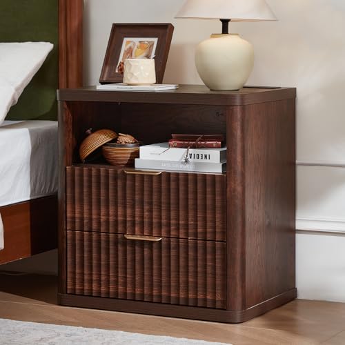 LEYAOYAO Fluted Nightstand with Charging Station, 23" Wide 2 Drawers Night Stand,Walnut End Table with Open Storage,Farmhouse Bed Side Tables, Wood Dresser for Bedroom, Living Room, Closet - color: Walnut, size: 2 Drawers