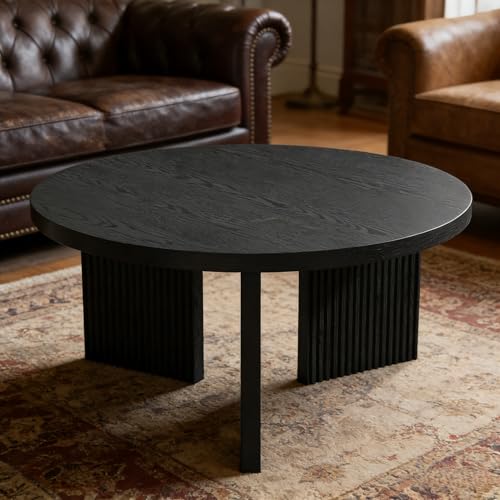 35" Wooden Round Coffee Table, Black | Smooth Thick Coffee Table, Low Circle Center Table with X Shaped Stable Legs, Accent Tea Table for Living Room, Office - color: Black, style: Coffee Table
