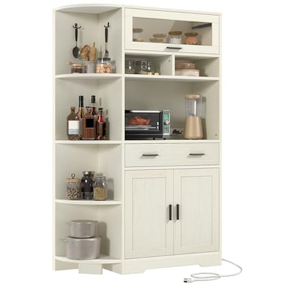 DWVO 67" Farmhouse Baker Rack with Power Outlets & Microwave Stand, White | Buffet Sideboard Cupboard Hutch with Drawer for Kitchen, Living Room, and Dining Room - color: White