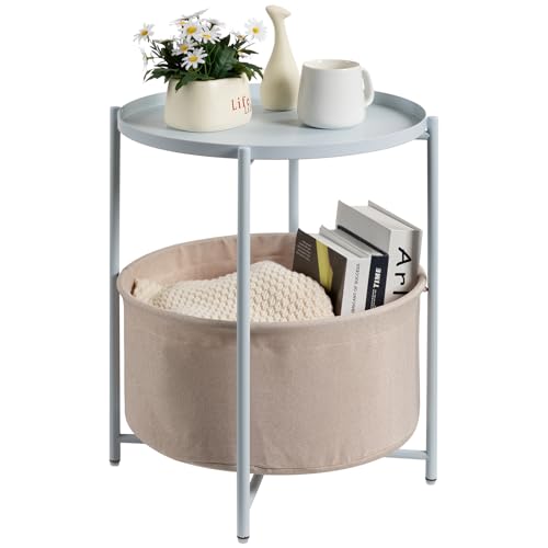 danpinera Small Round Side Table with Storage Basket, Removable Tray Top | Metal End Table for Small Space, Living Room, Bedroom, Nursery, Laundry, Modern Nightstand with Removable Tray, Blue-Gray - color: Blue Gray